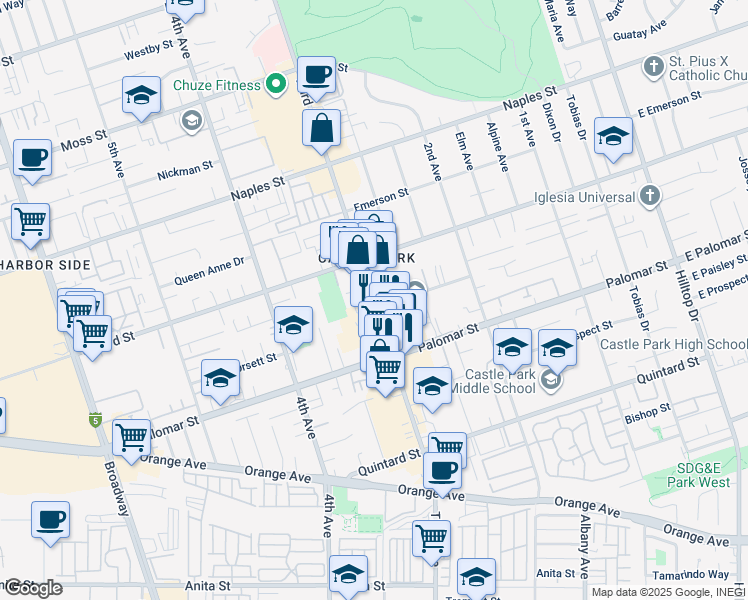 map of restaurants, bars, coffee shops, grocery stores, and more near 1256 3rd Avenue in Chula Vista
