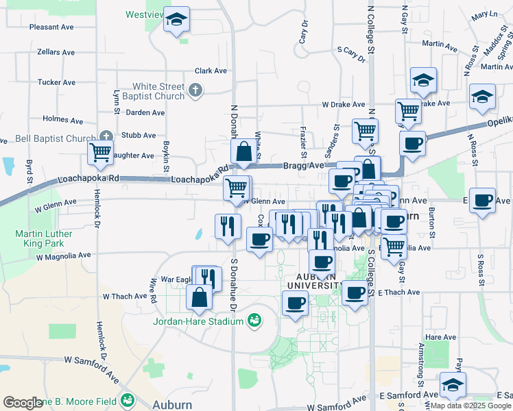 map of restaurants, bars, coffee shops, grocery stores, and more near 149 Cox Street in Auburn