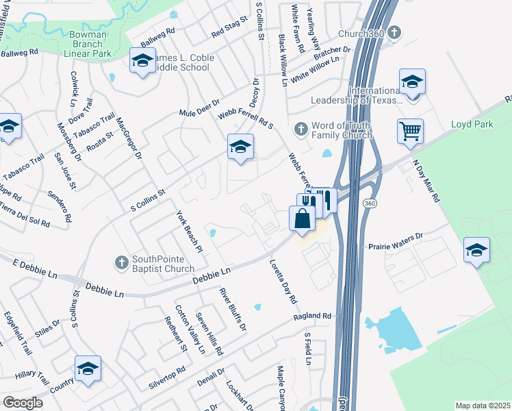 map of restaurants, bars, coffee shops, grocery stores, and more near 8224 Webb Ferrell Road in Arlington