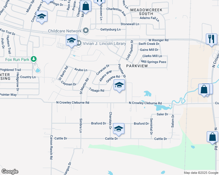 map of restaurants, bars, coffee shops, grocery stores, and more near 3205 Guyana Road in Fort Worth