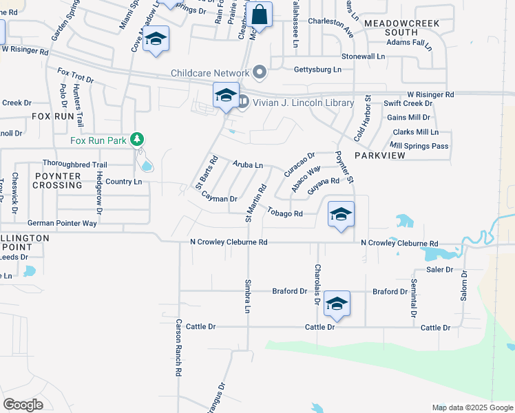 map of restaurants, bars, coffee shops, grocery stores, and more near 9301 Martinique Lane in Fort Worth