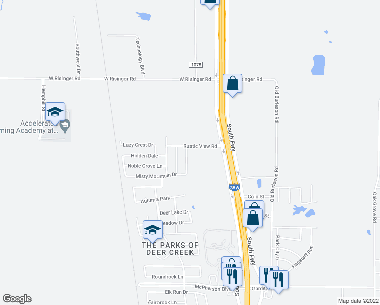 map of restaurants, bars, coffee shops, grocery stores, and more near 10009 Iron Ridge Drive in Fort Worth