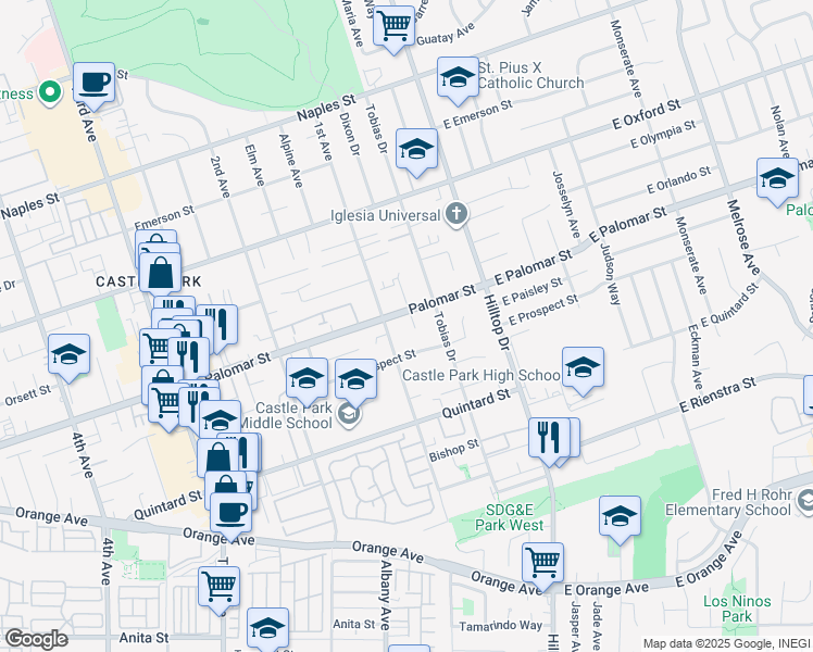 map of restaurants, bars, coffee shops, grocery stores, and more near 1308 Dixon Court in Chula Vista
