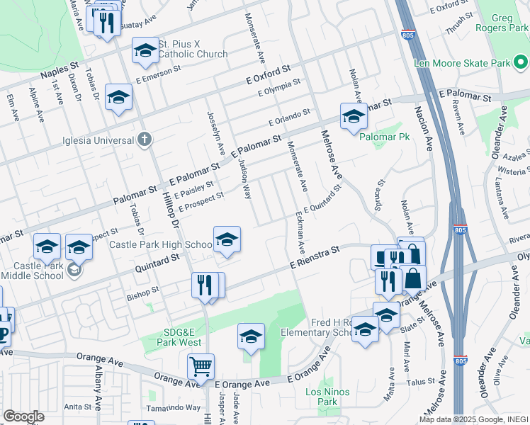 map of restaurants, bars, coffee shops, grocery stores, and more near 1398 Theresa Way in Chula Vista