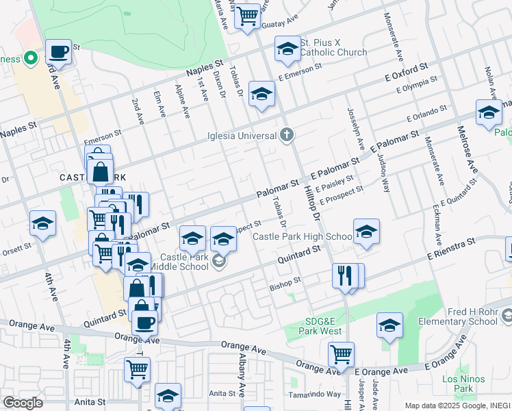 map of restaurants, bars, coffee shops, grocery stores, and more near 1308 Dixon Court in Chula Vista