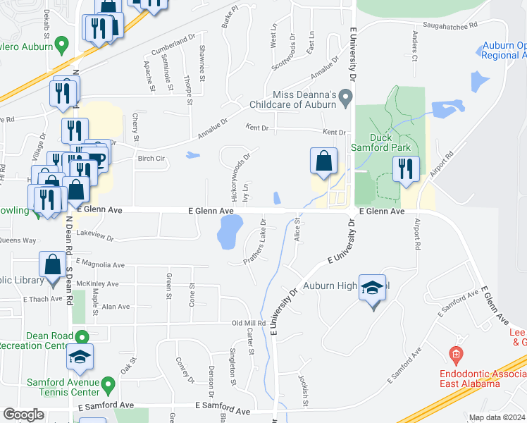 map of restaurants, bars, coffee shops, grocery stores, and more near 1353 Prathers Lake Drive in Auburn
