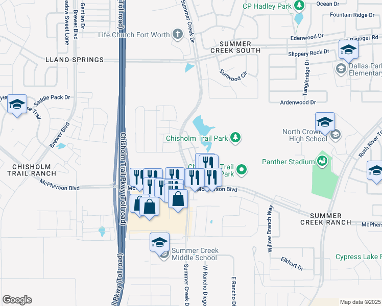 map of restaurants, bars, coffee shops, grocery stores, and more near Summer Creek Drive in Fort Worth