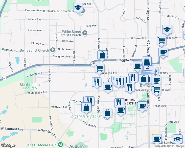 map of restaurants, bars, coffee shops, grocery stores, and more near 527 West Glenn Avenue in Auburn