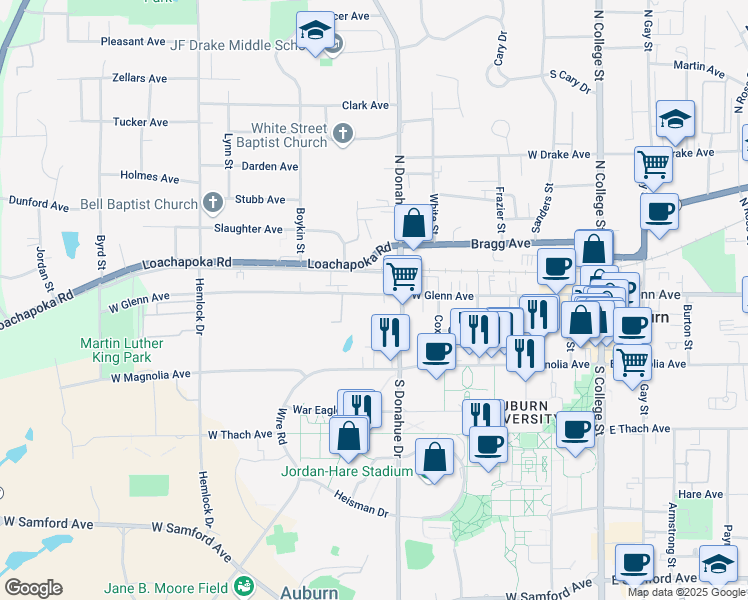 map of restaurants, bars, coffee shops, grocery stores, and more near 527 West Glenn Avenue in Auburn