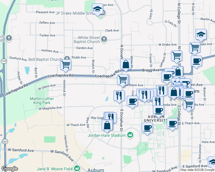 map of restaurants, bars, coffee shops, grocery stores, and more near 102 West Glenn Avenue in Auburn