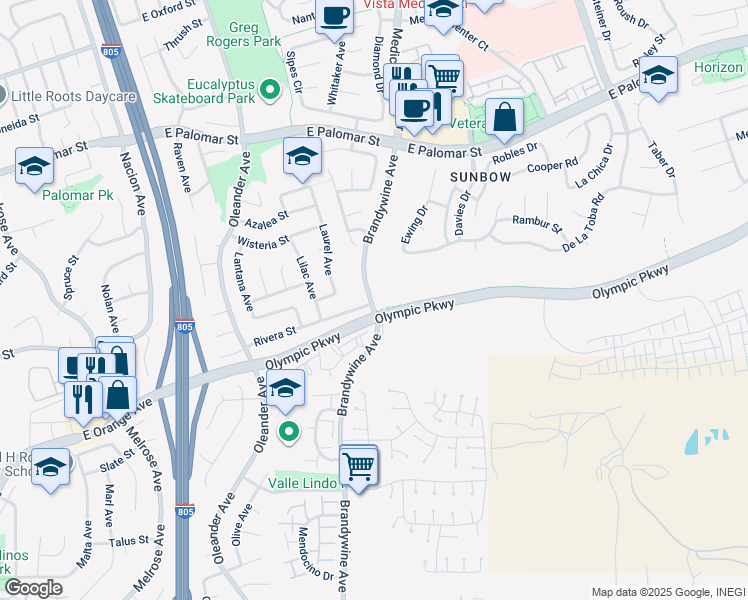 map of restaurants, bars, coffee shops, grocery stores, and more near 690 Rivera Street in Chula Vista