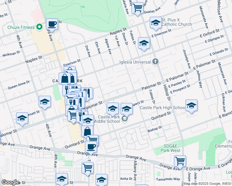 map of restaurants, bars, coffee shops, grocery stores, and more near 5 Palomar Street in Chula Vista