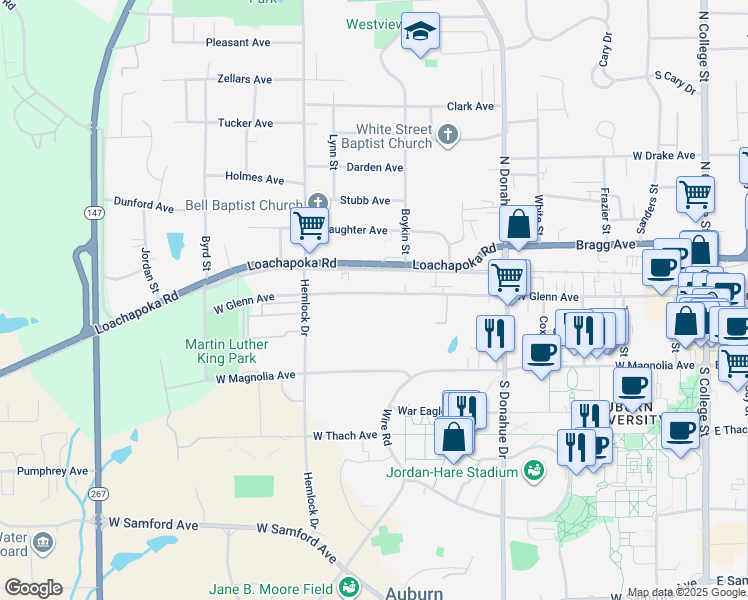 map of restaurants, bars, coffee shops, grocery stores, and more near 715 West Glenn Avenue in Auburn