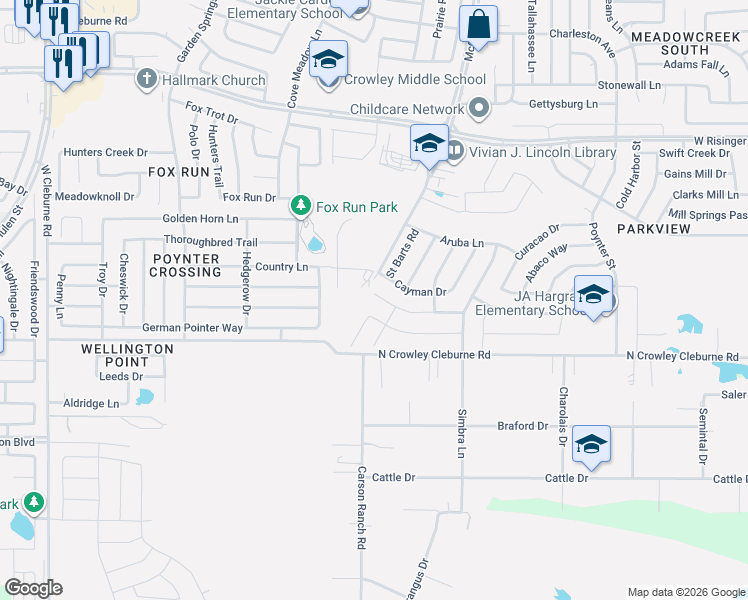 map of restaurants, bars, coffee shops, grocery stores, and more near 3609 Saint Vincent Road in Fort Worth