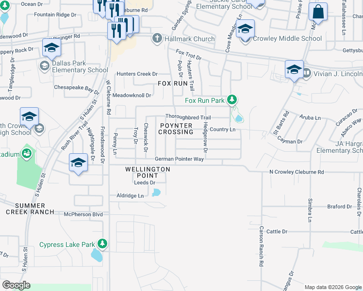 map of restaurants, bars, coffee shops, grocery stores, and more near 4005 Irish Setter Drive in Fort Worth