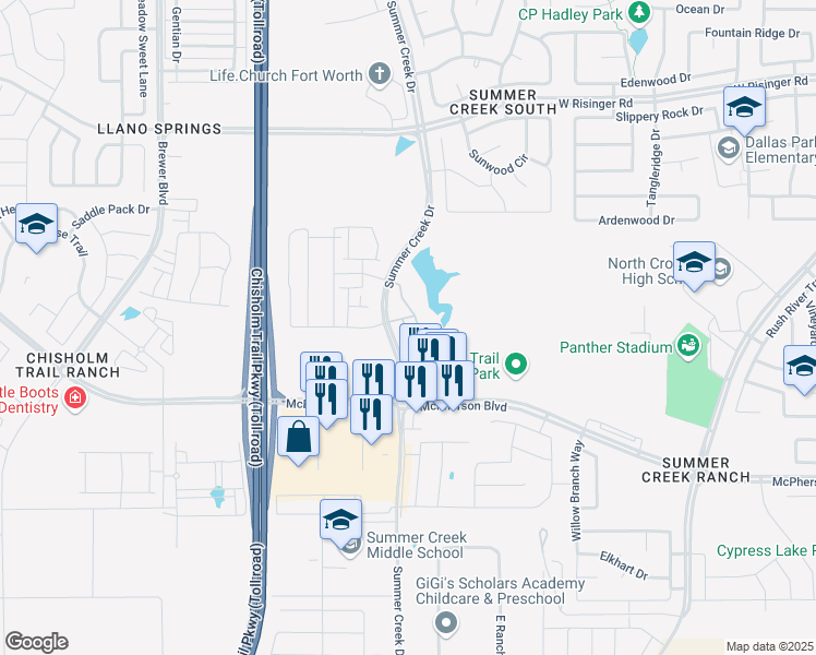 map of restaurants, bars, coffee shops, grocery stores, and more near Summer Creek Drive in Fort Worth