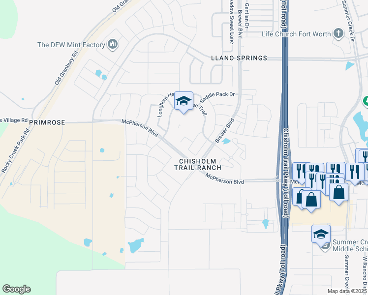 map of restaurants, bars, coffee shops, grocery stores, and more near 6337 Point Man Lane in Fort Worth