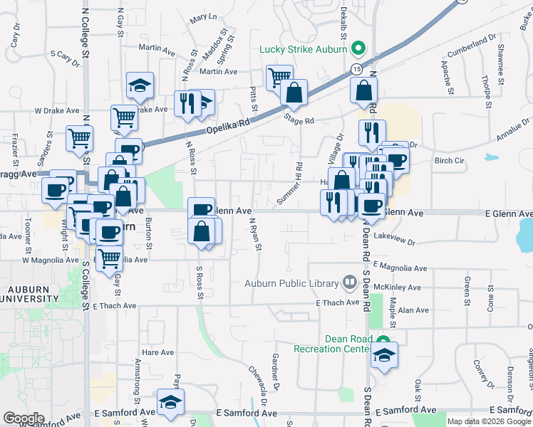 map of restaurants, bars, coffee shops, grocery stores, and more near 142 North Ryan Street in Auburn