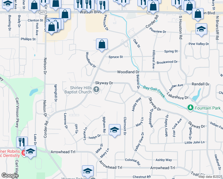 map of restaurants, bars, coffee shops, grocery stores, and more near 104 Biltmore Terrace in Warner Robins