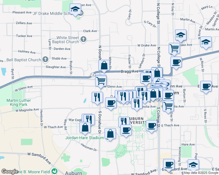 map of restaurants, bars, coffee shops, grocery stores, and more near 163 Cox Street in Auburn