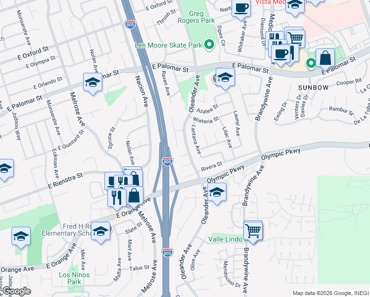 map of restaurants, bars, coffee shops, grocery stores, and more near 491 Quail Court in Chula Vista