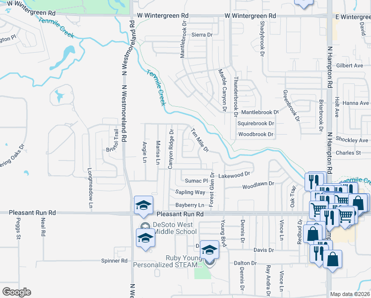 map of restaurants, bars, coffee shops, grocery stores, and more near 1005 Rising Ridge Drive in DeSoto