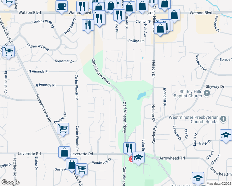 map of restaurants, bars, coffee shops, grocery stores, and more near King Richard Drive in Warner Robins