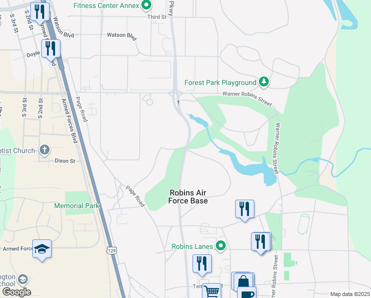 map of restaurants, bars, coffee shops, grocery stores, and more near Robins Parkway in SOUTH BASE