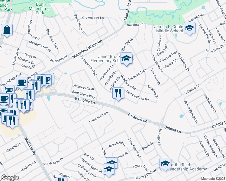 map of restaurants, bars, coffee shops, grocery stores, and more near 8164 La Frontera Trail in Arlington