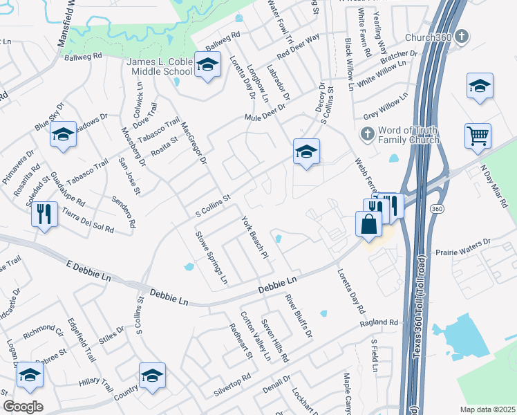 map of restaurants, bars, coffee shops, grocery stores, and more near 7851 South Collins Street in Arlington