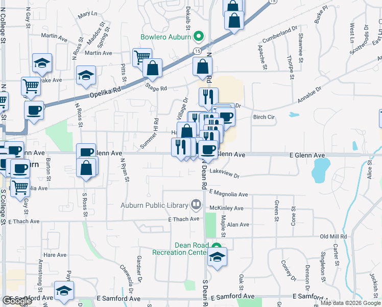 map of restaurants, bars, coffee shops, grocery stores, and more near 760 East Glenn Avenue in Auburn