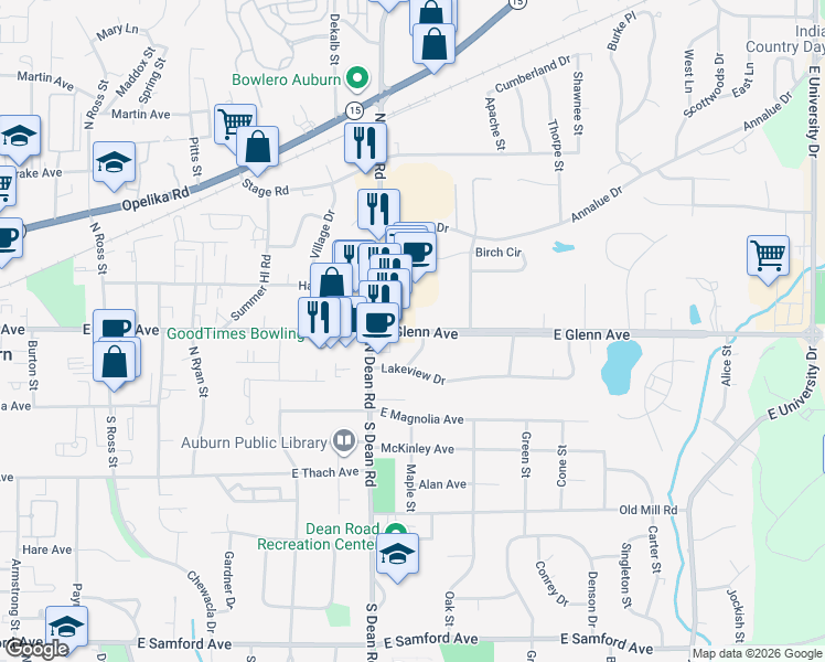 map of restaurants, bars, coffee shops, grocery stores, and more near 836 East Glenn Avenue in Auburn