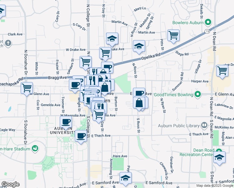 map of restaurants, bars, coffee shops, grocery stores, and more near 328 East Glenn Avenue in Auburn