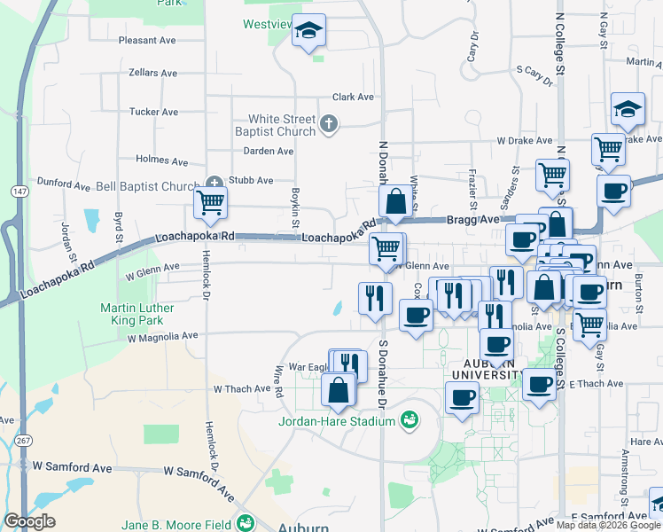 map of restaurants, bars, coffee shops, grocery stores, and more near 102 West Glenn Avenue in Auburn