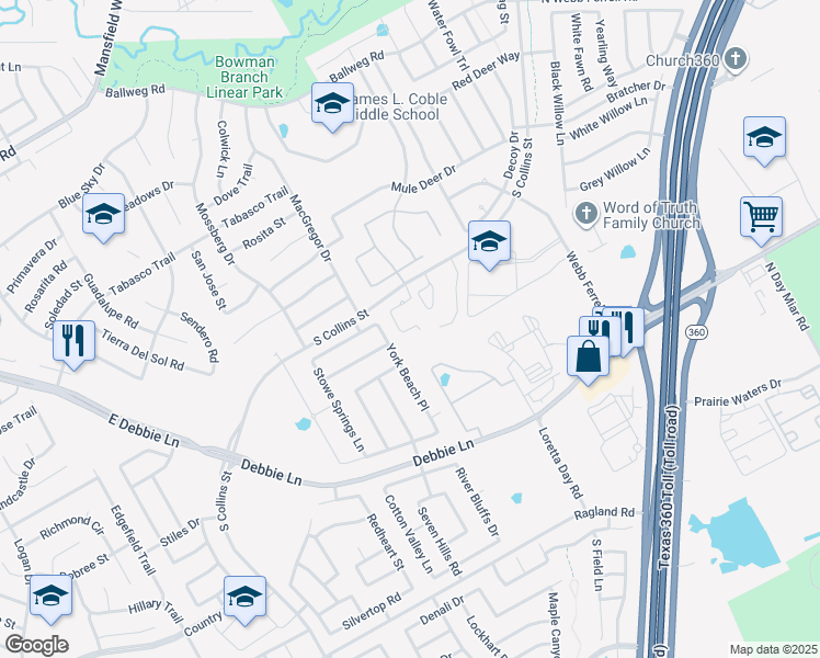 map of restaurants, bars, coffee shops, grocery stores, and more near 8015 York Beach Place in Arlington