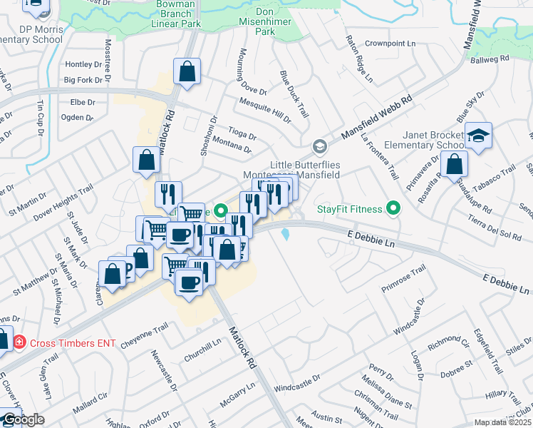 map of restaurants, bars, coffee shops, grocery stores, and more near 1624 Debbie Lane in Mansfield