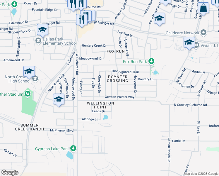map of restaurants, bars, coffee shops, grocery stores, and more near 9120 Quarter Horse Lane in Fort Worth