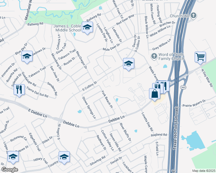 map of restaurants, bars, coffee shops, grocery stores, and more near 8015 York Beach Place in Arlington