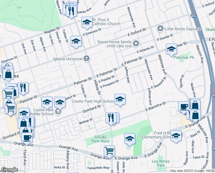 map of restaurants, bars, coffee shops, grocery stores, and more near 30 East Prospect Street in Chula Vista