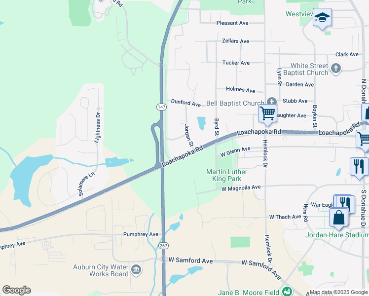 map of restaurants, bars, coffee shops, grocery stores, and more near 1212 Martin Luther King Drive in Auburn