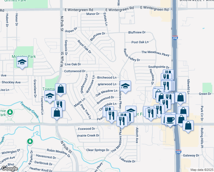 map of restaurants, bars, coffee shops, grocery stores, and more near 1039 Oak Meadow Lane in DeSoto