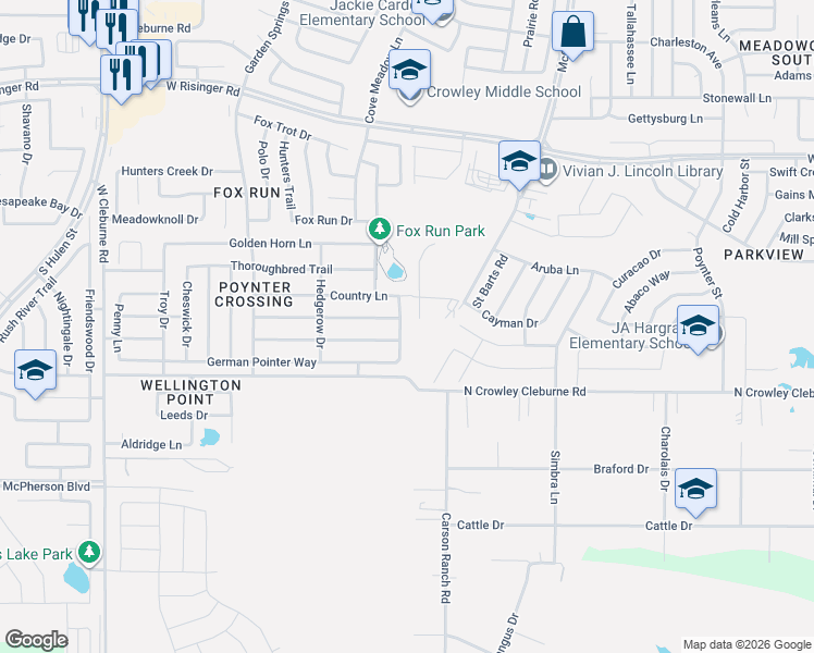 map of restaurants, bars, coffee shops, grocery stores, and more near 9125 Riding Stable Lane in Fort Worth