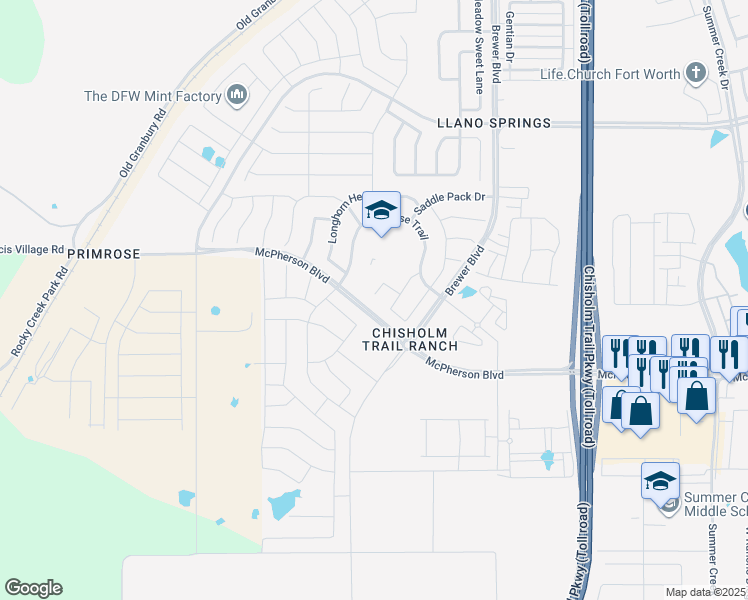 map of restaurants, bars, coffee shops, grocery stores, and more near 6337 Point Man Lane in Fort Worth