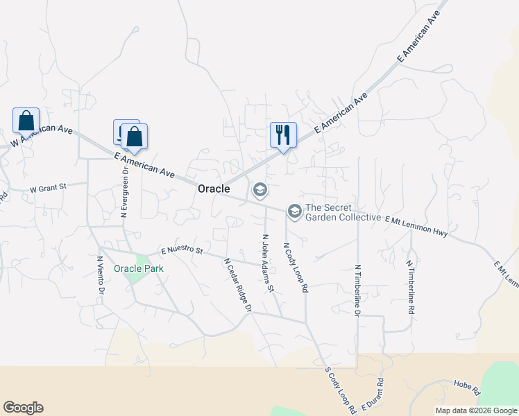 map of restaurants, bars, coffee shops, grocery stores, and more near 860 North John Adams Street in Oracle