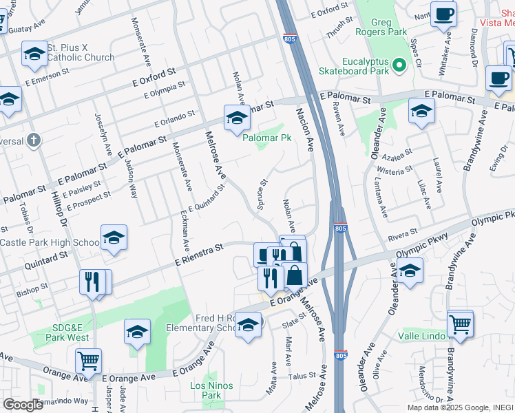 map of restaurants, bars, coffee shops, grocery stores, and more near 305 Spruce Street in Chula Vista