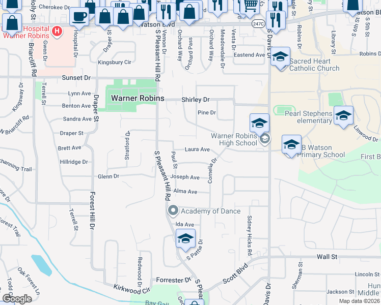 map of restaurants, bars, coffee shops, grocery stores, and more near 1320 Hartley Avenue in Warner Robins