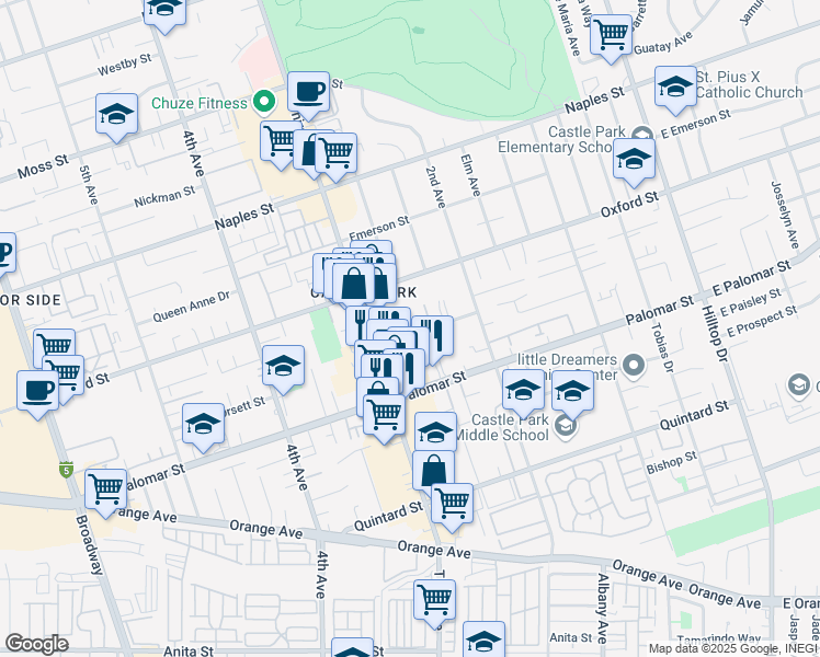 map of restaurants, bars, coffee shops, grocery stores, and more near 272 Kennedy Street in Chula Vista