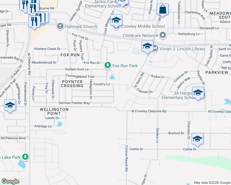map of restaurants, bars, coffee shops, grocery stores, and more near 3825 Irish Setter Drive in Fort Worth
