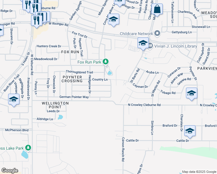 map of restaurants, bars, coffee shops, grocery stores, and more near 3825 Irish Setter Drive in Fort Worth