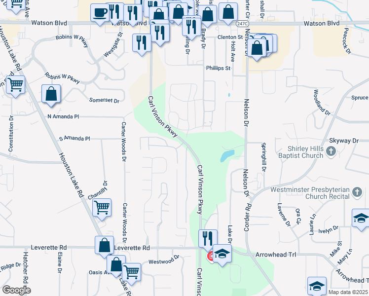 map of restaurants, bars, coffee shops, grocery stores, and more near 900-924 Brentwood Dr in Warner Robins